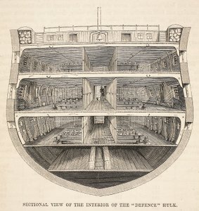 Vista seccional del interior del casco de la Defensa, ilustración de Las prisiones criminales de Londres y escenas de la vida en prisión de Henry Mayhew y John Binny, pub. 1862 de English School