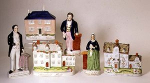 Selección de figuras tituladas de Staffordshire: Stanfield Hall; Potash Farm; Casa de Palmer; Emily Sandford; James Bloomfield Rush; William Palmer, c.1849 de English School
