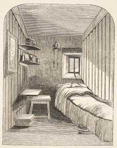 Celda separada para dormir en una de las nuevas alas de la prisión de convictas de Brixton, ilustración de Las prisiones criminales de Londres y escenas de la vida en prisión de Henry Mayhew y John Binny
