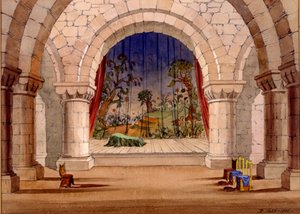 Diseño de escenario para Hamlet de William Shakespeare, 1858 de English School