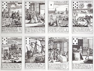 Juego de cartas con escenas satíricas de empresas comerciales e inversiones actuales, c.1720