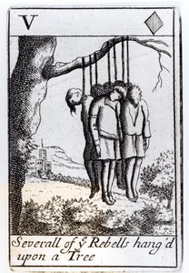 Varios rebeldes colgados de un árbol, carta de cinco de corazones de un juego que conmemora la Rebelión de Monmouth en 1685 de English School