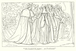 Trabajos de amor perdidos de Shakespeare; La princesa francesa entrega a Fernando un documento de su padre de English School