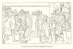 El mercader de Venecia de Shakespeare; Corte de juicio, el Dogo invitando a Portia a su asiento de English School