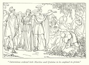 Tito Andrónico de Shakespeare; Martius y Quintus arrestados por el asesinato de Basiano de English School