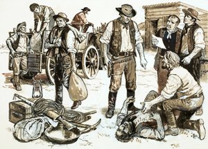 El sheriff Henry Plummer fue responsable de robos y violencia al por mayor (gouache sobre papel) de English School