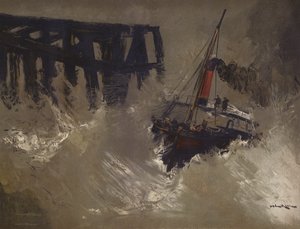 Barco luchando contra grandes olas (chromolitho)