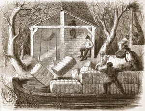 Disparando Cottin-bales en la parte delantera del vapor fluvial Magnolia, ilustración de The Illustrated London News, 1861 de English School