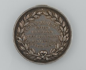 Medalla del Fondo Patriótico de Plata que conmemora la alianza entre Inglaterra y Francia 1854, otorgada por el Alcalde de Dover, 1855 de English School
