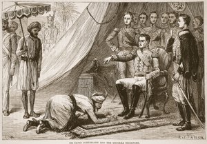 Sir David Ochterlony y el mensajero Ghoorka, ilustración de Cassells Illustrated History of India de James Grant, pub. 1879 de English School