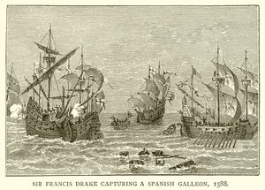Sir Francis Drake capturando un galeón español, 1588