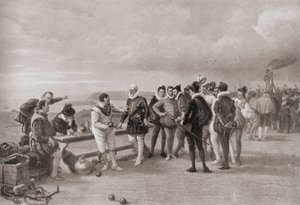 Sir Francis Drake jugando a los bolos, con la Armada española a la vista en Plymouth Hoe, Inglaterra, en 1588.