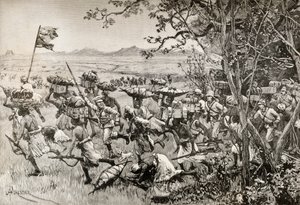 Sir Henry Morton Stanley y sus hombres salen por fin de la selva y llegan a las praderas en 1887, durante la expedición de socorro de Emin Pasha en África. de English School