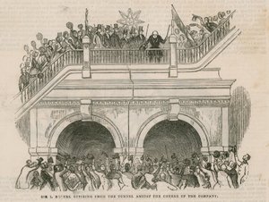 Sir Isambard Brunel retirándose del túnel entre los vítores de la compañía de English School