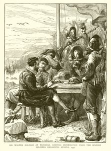 Sir Walter Raleigh en Trinidad, obteniendo información de los soldados españoles sobre Guayana, 1595 de English School