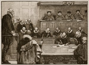Sir Walter Raleigh ante los jueces, ilustración de la Historia Ilustrada de Inglaterra de Cassell de English School