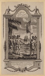 Sir Walter Raleigh ordenando erigir el estandarte de la Reina Isabel en la costa de Virginia de English School