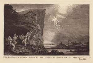 El sexto ángel libera a los cuatro ángeles atados junto al río Éufrates (grabado)
