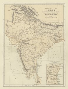 Mapa esquemático de la India que ilustra la historia desde el período más antiguo hasta la batalla de Plassy de English School