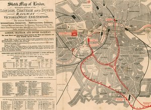 Mapa esquemático de Londres mostrando la posición del Ferrocarril de Londres, Chatham y Dover