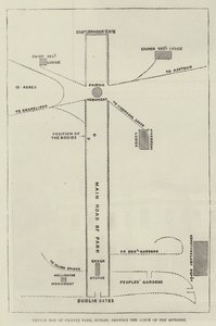 Mapa esquemático de Phoenix Park, Dublín, mostrando la escena de los asesinatos (grabado)