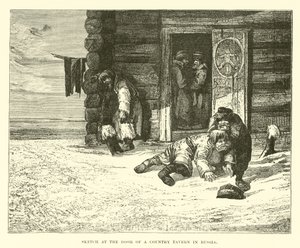 Boceto en la puerta de una taberna rural en Rusia