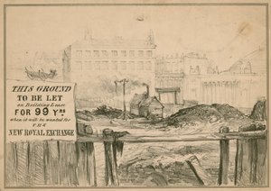 Boceto de los terrenos de la Bolsa Real, Londres, después del incendio de English School