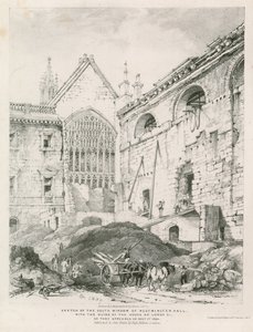 Boceto de la ventana sur del Westminster Hall con las ruinas de la Cámara de los Lores de English School