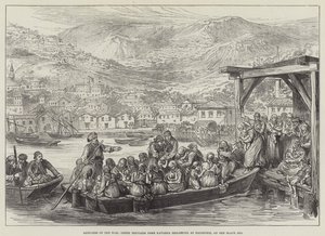 Bocetos de la guerra, refugiados griegos de Kavarna embarcando en Baltschik, en el Mar Negro (grabado) de English School