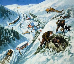 Rescate en la nieve (gouache sobre papel)