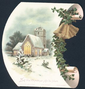 Escena de nieve y iglesia, tarjeta de Navidad