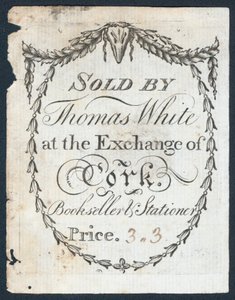 Vendido por Thomas White en el Exchange de Cork, librero y papelería, tarjeta comercial de English School