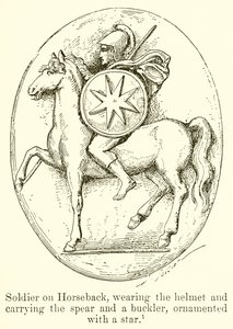 Soldado a caballo, con casco y portando lanza y escudo, ornamentado con una estrella de English School