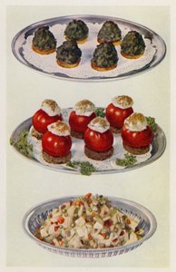 Espinacas a la crema; Tomates rellenos; Ensalada de verduras (litografía en color) de English School