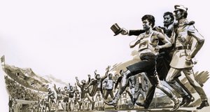 Spiridon Loues ganando el maratón olímpico con dos príncipes griegos escoltándole