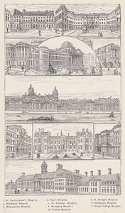 Hospital de San Bartolomé, Hospital de Guy, Hospital de San Jorge, Hospital de Bethlehem, Hospital de Santo Tomás, Hospital de Greenwich, Hospital de Westminster, Hospital de Brompton, Hospital del King