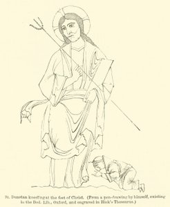 San Dunstan arrodillado a los pies de Cristo, de un dibujo a pluma por él mismo, existente en la Biblioteca Bodleiana, Oxford, y grabado en el Thesaurus de Hick de English School