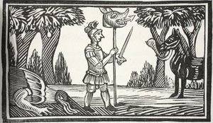 San Jorge con la cabeza del dragón, ilustración de Chap-books del Siglo XVIII de John Ashton, pub. 1882 de English School