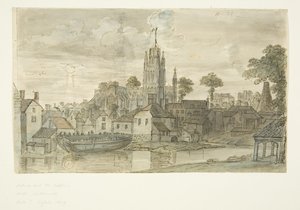 Iglesia de St Mary Redcliffe desde Redcliffe Back (con dibujo a pluma y tinta de un león en el reverso)