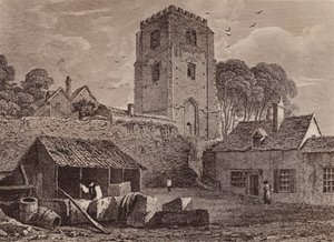 Iglesia de St Marys mostrando el antiguo muro 1824 (litografía) de English School