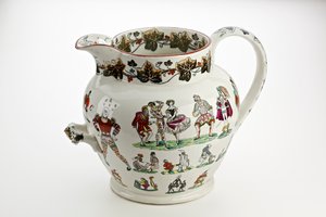 Jarra de Staffordshire decorada con figuras de Arlequín y tema de carnaval, 1866