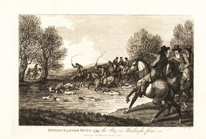 Cazadores de ciervos y sabuesos cazando un cervatillo en la Caza de Pascua de Epping