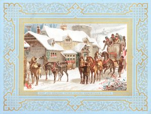 Diligencia y caballos fuera de la taberna, tarjeta de Navidad