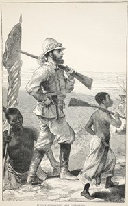 Stanley acercándose al Lago Tanganica, ilustración de The Pictorial Edition of the Life and Discoveries of David Livingstone por J. Ewing Richie, pub. por A. Fullarton & Co., 1876 de English School