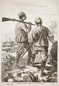 Los guías de Stanley acercándose al Lago Tanganica, ilustración de The Pictorial Edition of the Life and Discoveries of David Livingstone por J. Ewing Richie, pub. por A. Fullarton & Co., 1876 de English School