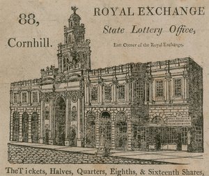 Oficina de la Lotería Estatal, esquina este del Royal Exchange, 88 Cornhill, Londres de English School