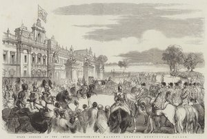 Apertura Estatal de la Gran Exposición, Su Majestad saliendo del Palacio de Buckingham (grabado) de English School