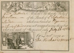 Declaración de que Ann Slone fue enterrada en lana de oveja, 1784