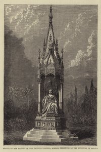 Estatua de Su Majestad en los Jardines Victoria, Bombay, presentada por el Guicowar de Baroda (grabado) de English School
