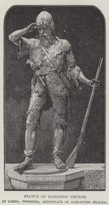 Estatua de Robinson Crusoe, en Largo, Fifeshire, lugar de nacimiento de Alexander Selkirk (grabado) de English School